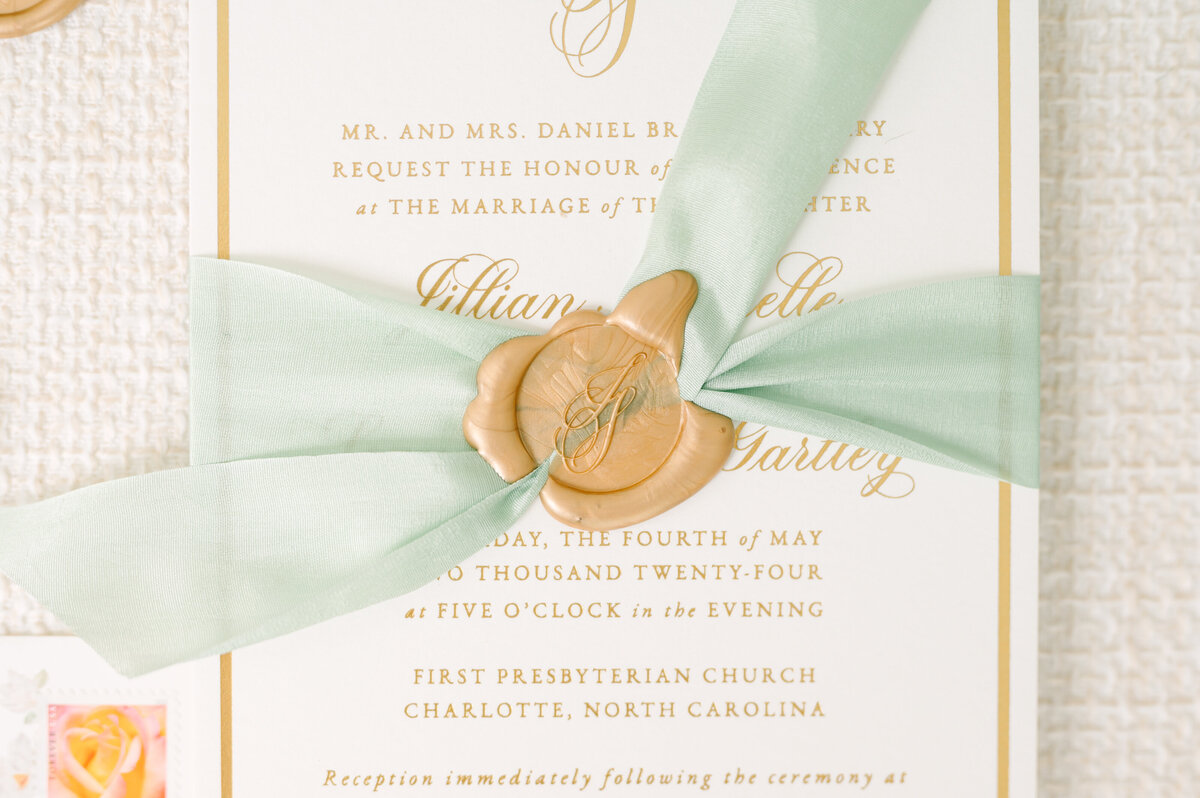Gold foil, gold wax seal, sage silk ribbon wedding invitation