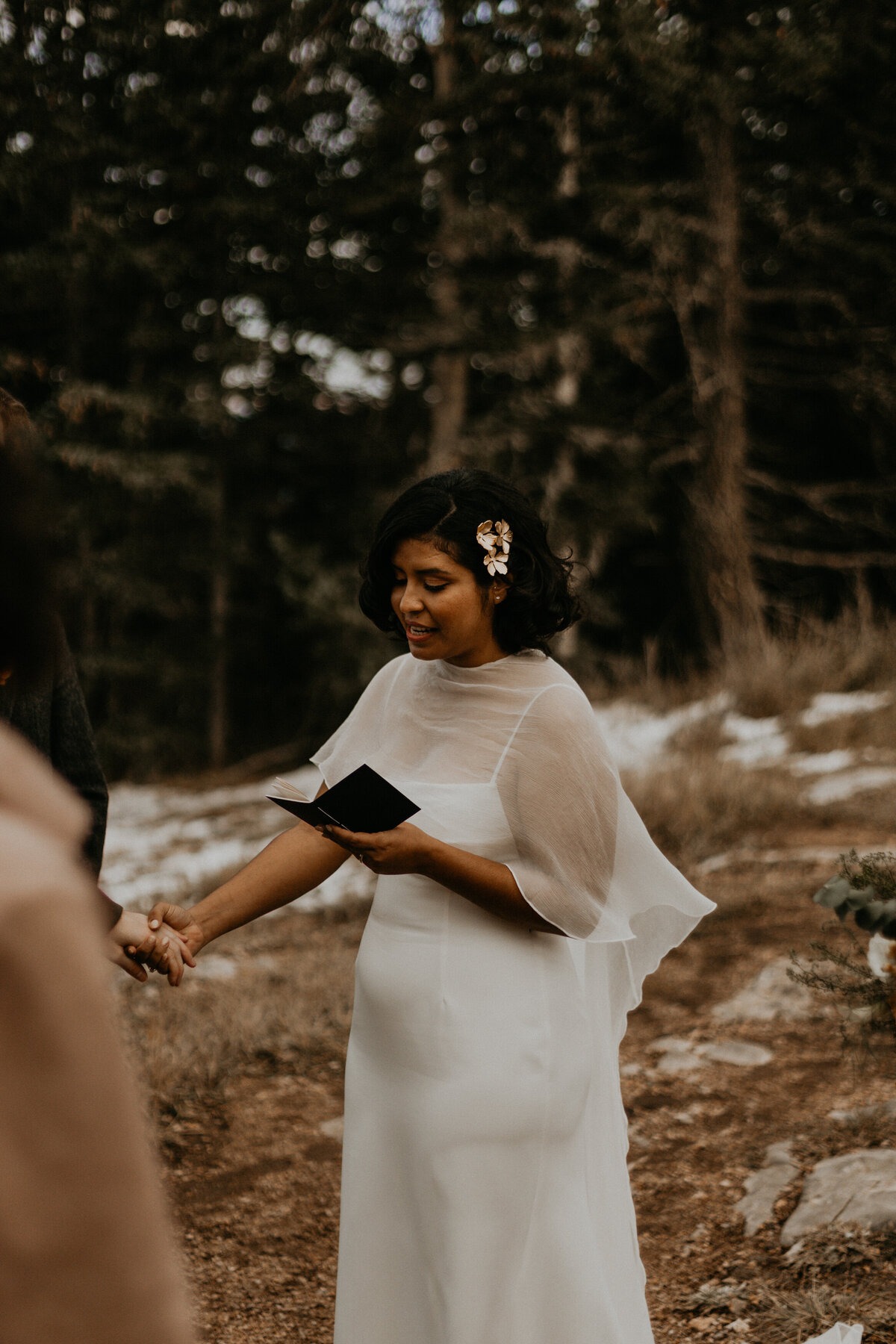 bride and groom exchanging vows and rings on the Sandia Mountains