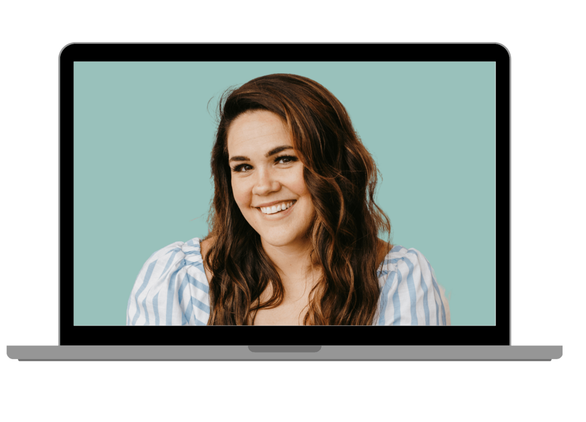 laptop image of woman with dark hair smiling white and blue stripped dress