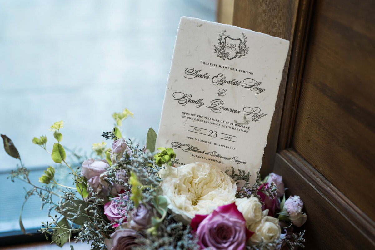 Letterpress wedding invitation on handmade paper for a Montana summer wedding at The Woodlands at Cottonwood Canyon.
