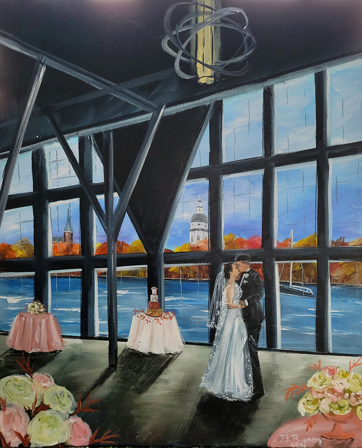 Fall live wedding painting in Annapolis, Maryland. Couple shares a kiss on the dance floor with Annapolis in the background.
