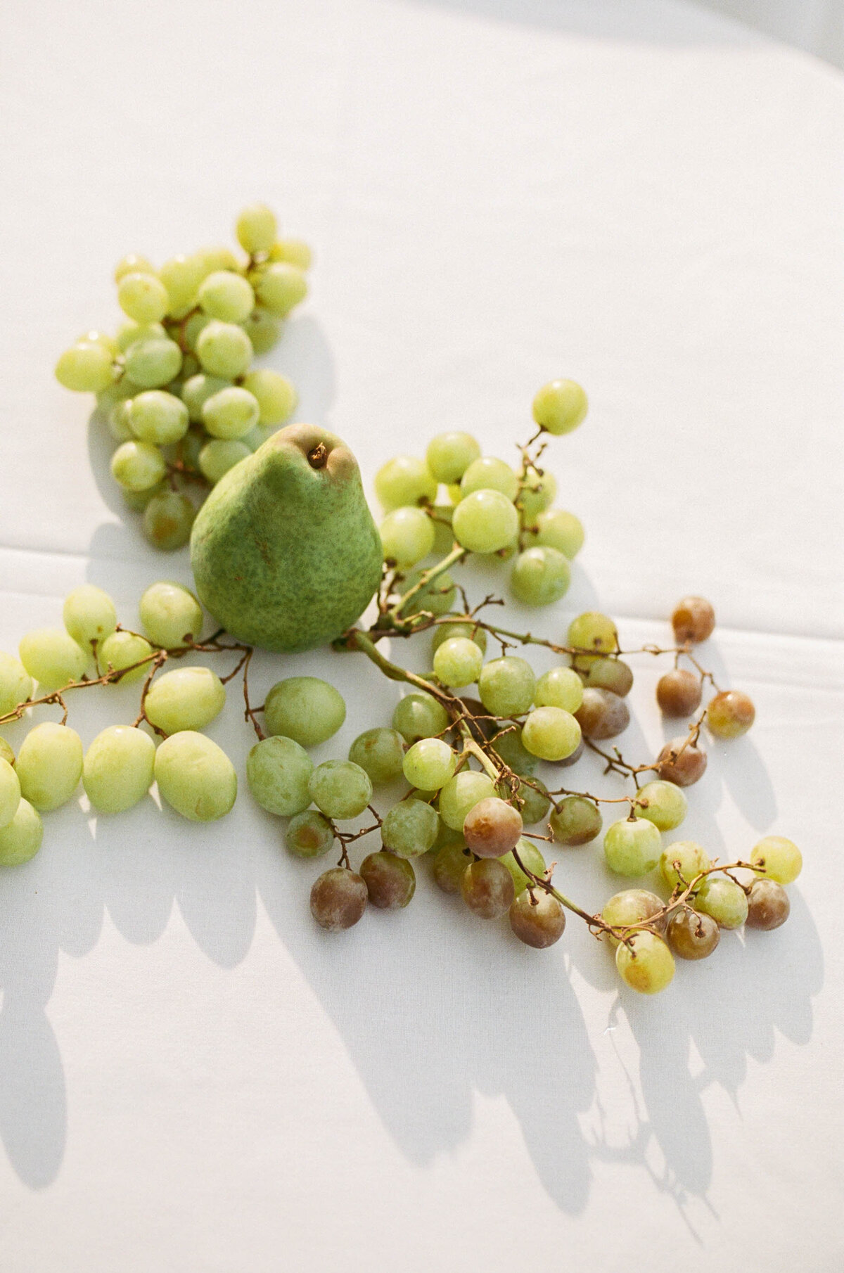 pear and grapes decoration on wedding reception tables on film taken by boston documentary wedding photographer
