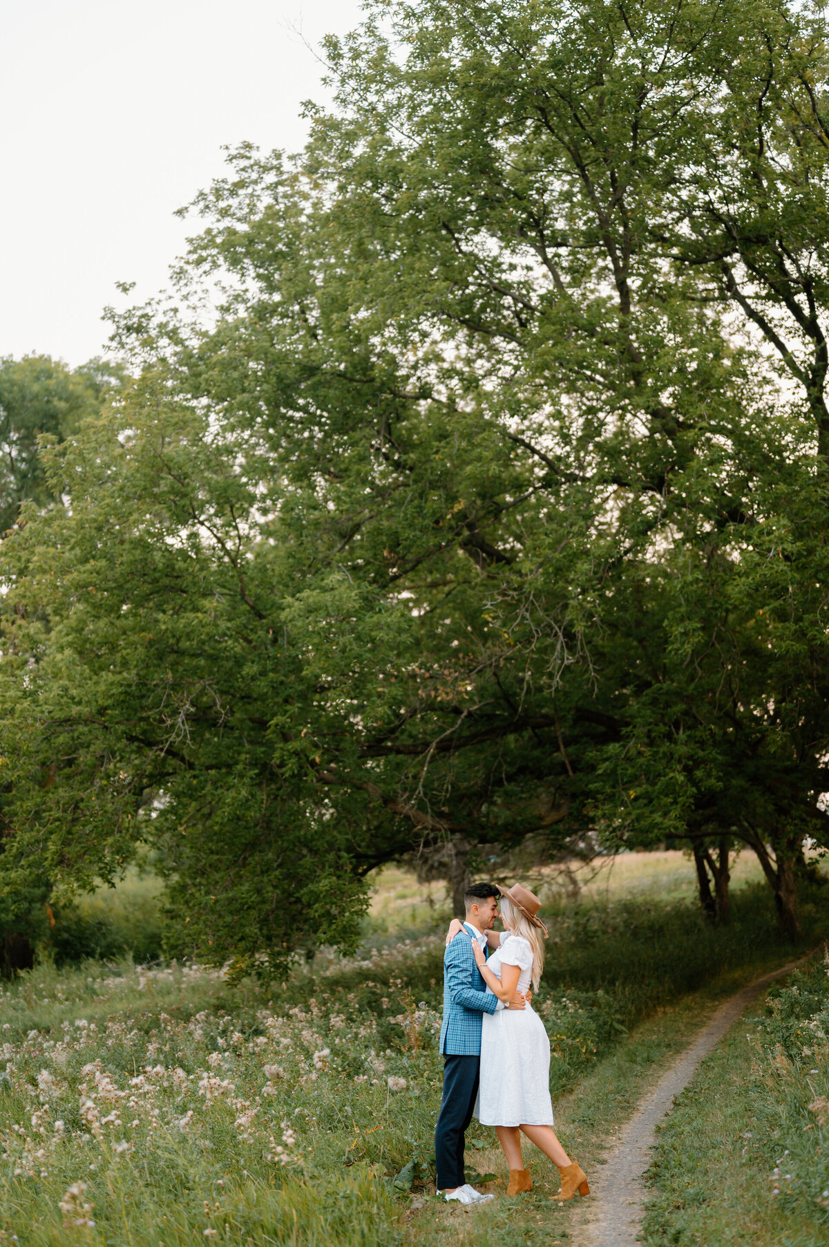 engaged couple kissing in a field