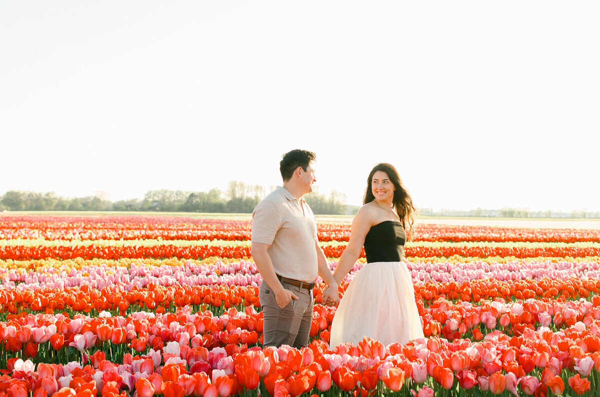 A couple smiles, holding hands in a tulip field in the Netherlands. 