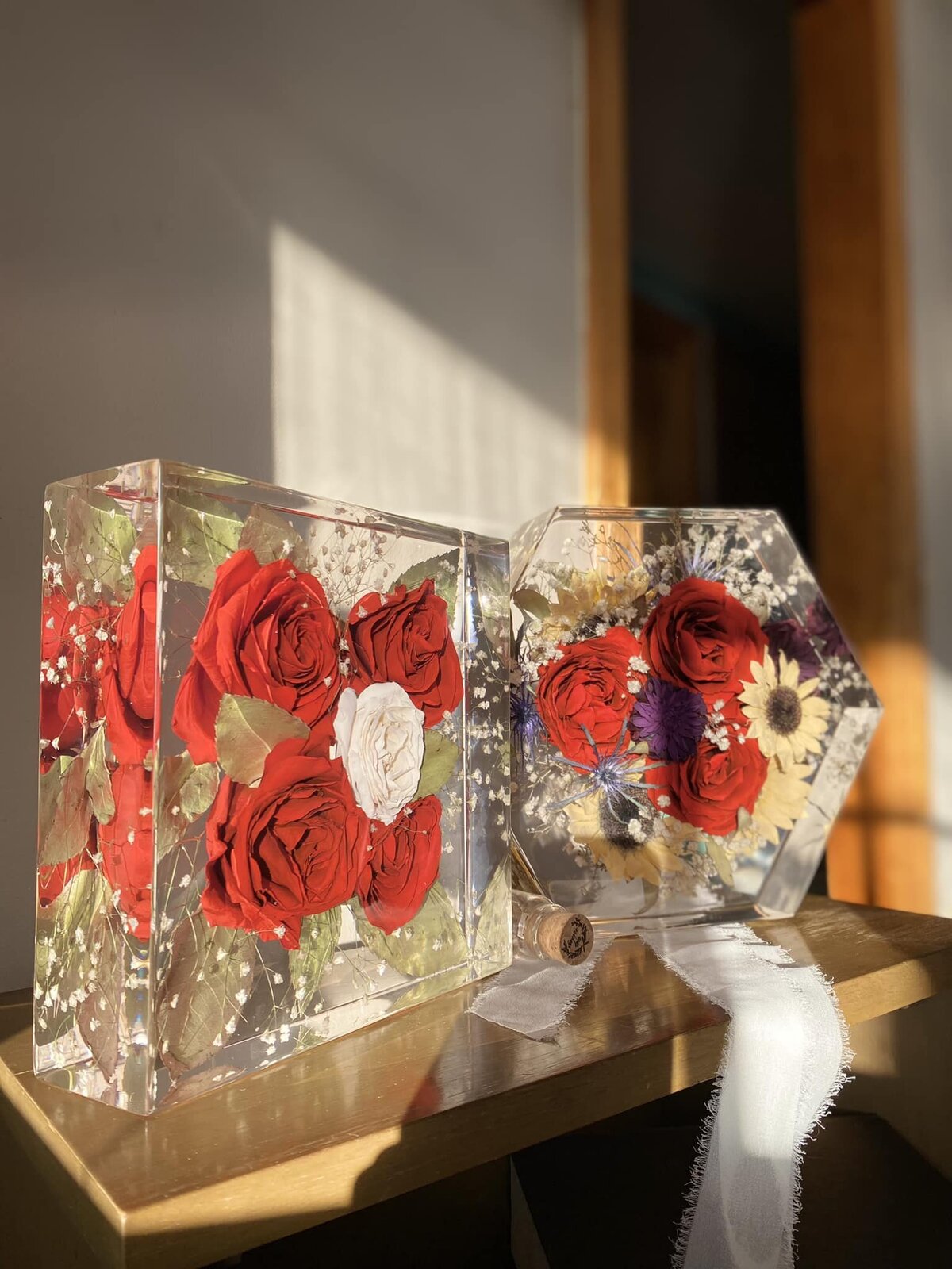 Red Rose Resin Preservation and Sunflower Preservation in Hexagon Resin Block