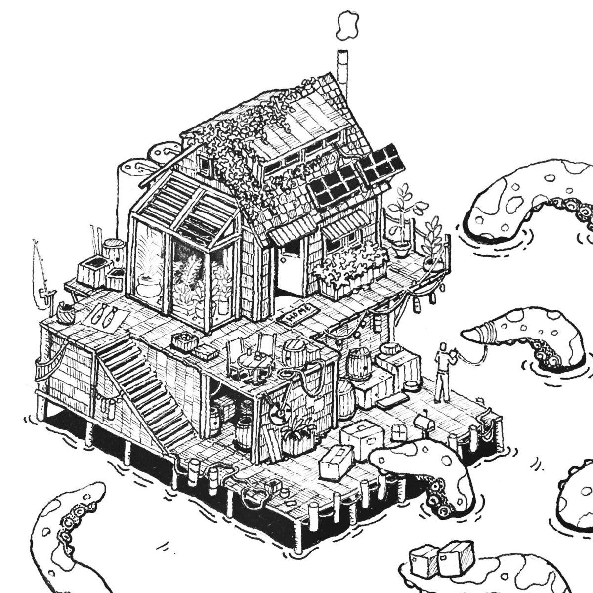 Detailed view of the home on stilts for Inktober 52 2022 prompt: Myth