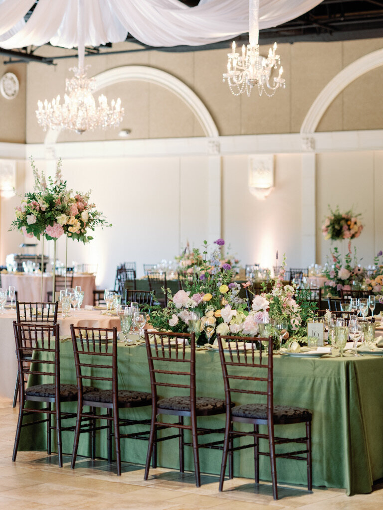 long tables, chandeliers, mixed table designs,