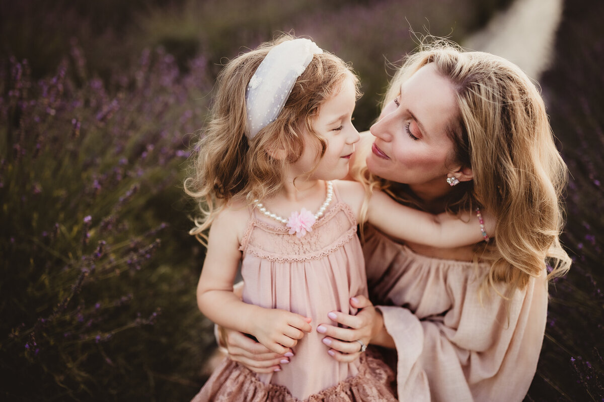 mother and daughter in lavender field