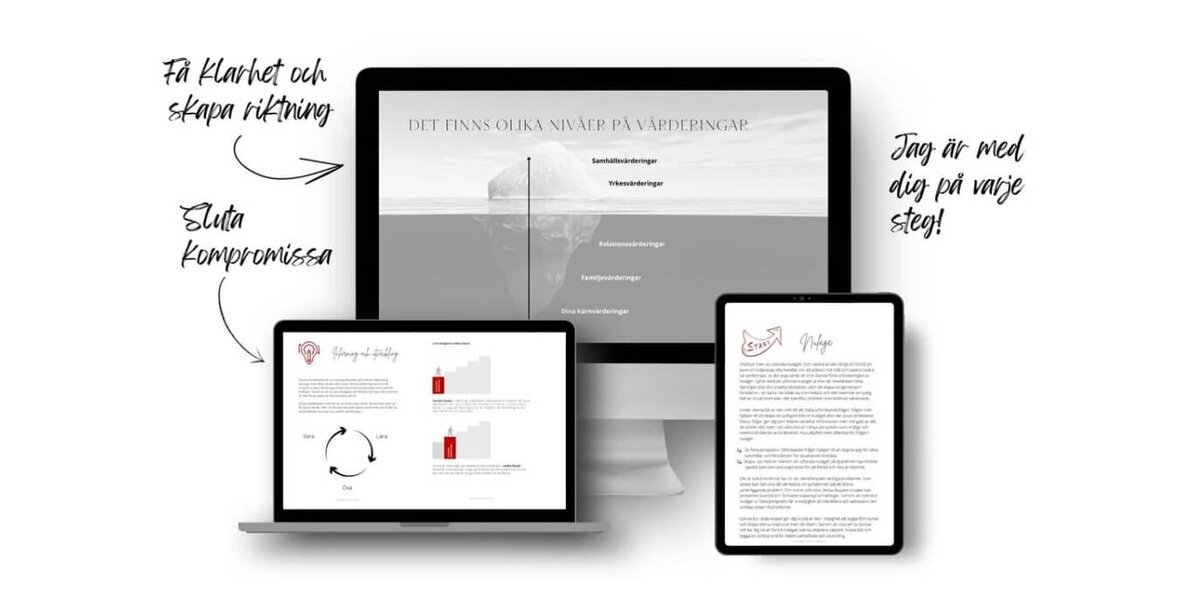 Utbildningsportalen innehåller konkreta verktyg och processer som du kan applicera direkt i ditt liv. Varje modul är fylld av kunskap och övningar som du kan ladda ner. Du har tillgång till din portal i 6 månader och kan i lugn och ro gå igenom varje del.
