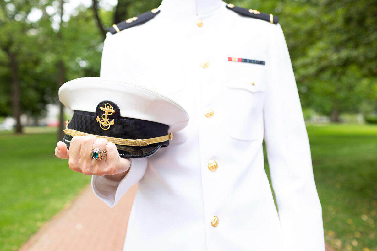 Navy uniform details; the hat or cover.