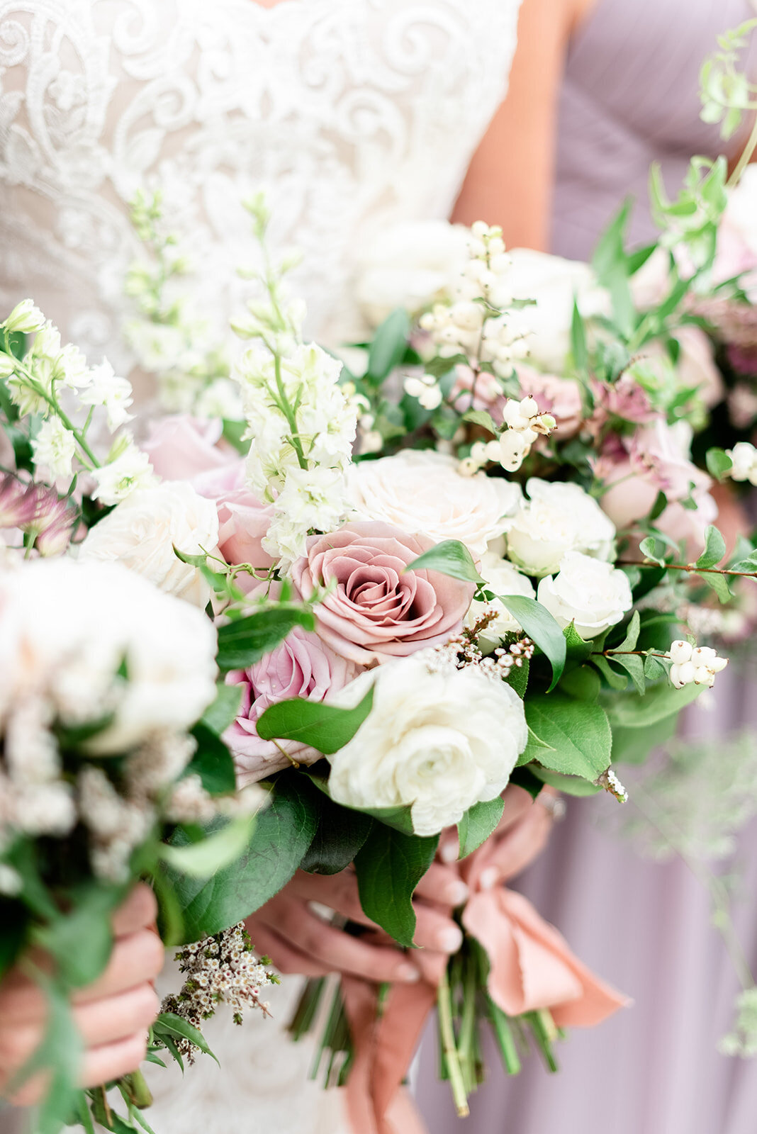 Wedding bouquets with white, pink, and blush flowers, Light and airy wedding photography by the Best Boise Wedding Photographers