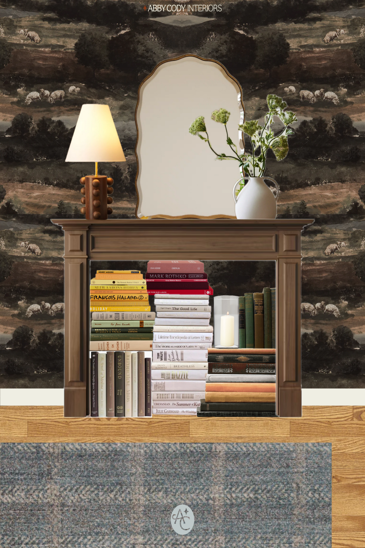 renter friendly added character with vintage fireplace mantel, books, organic shaped mirror, peel and stick mural wallpaper, funky wooden lamp