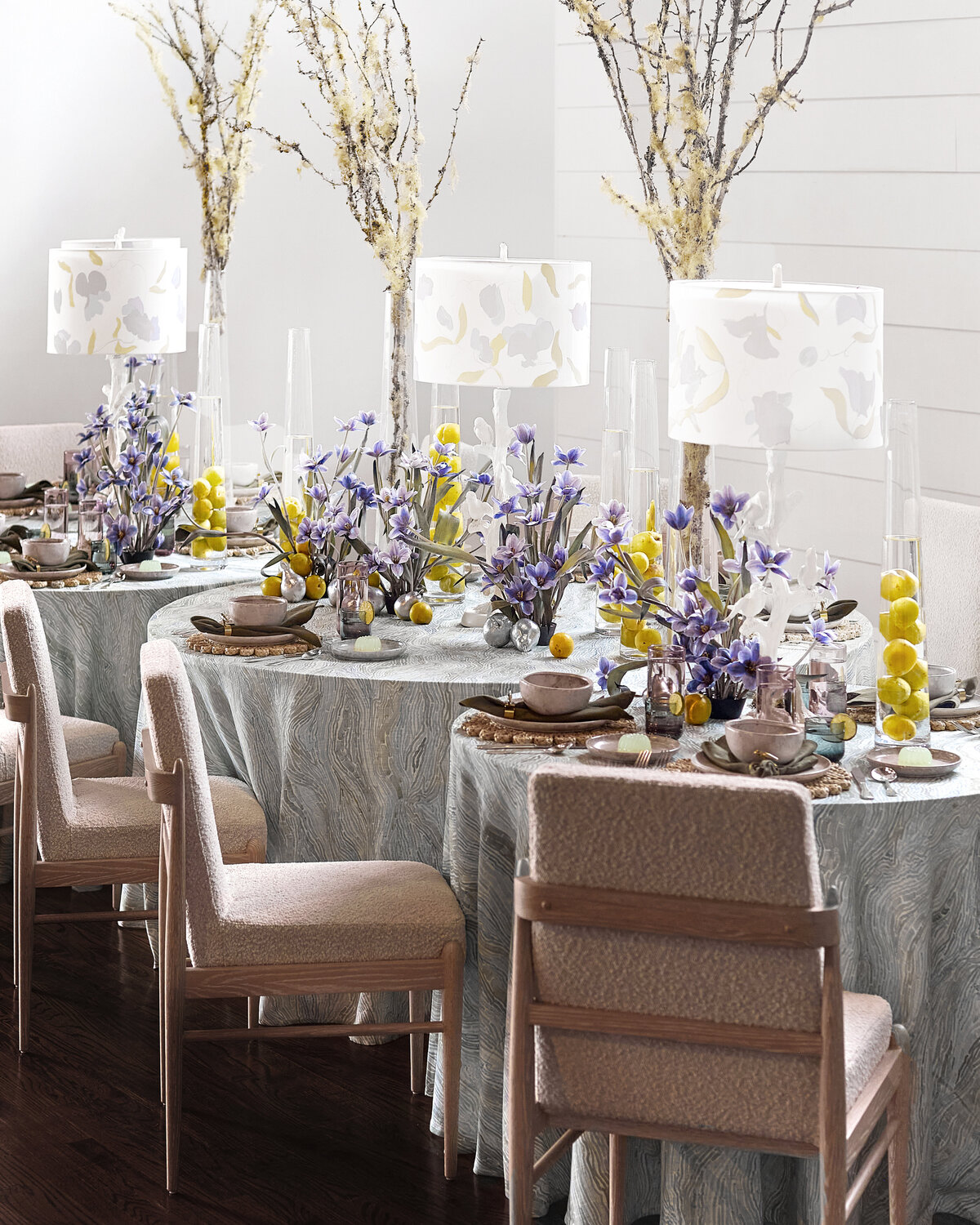 Custom tablescape feauring Kravet Favets, Accent Decor Table top, Hand Painted Shades