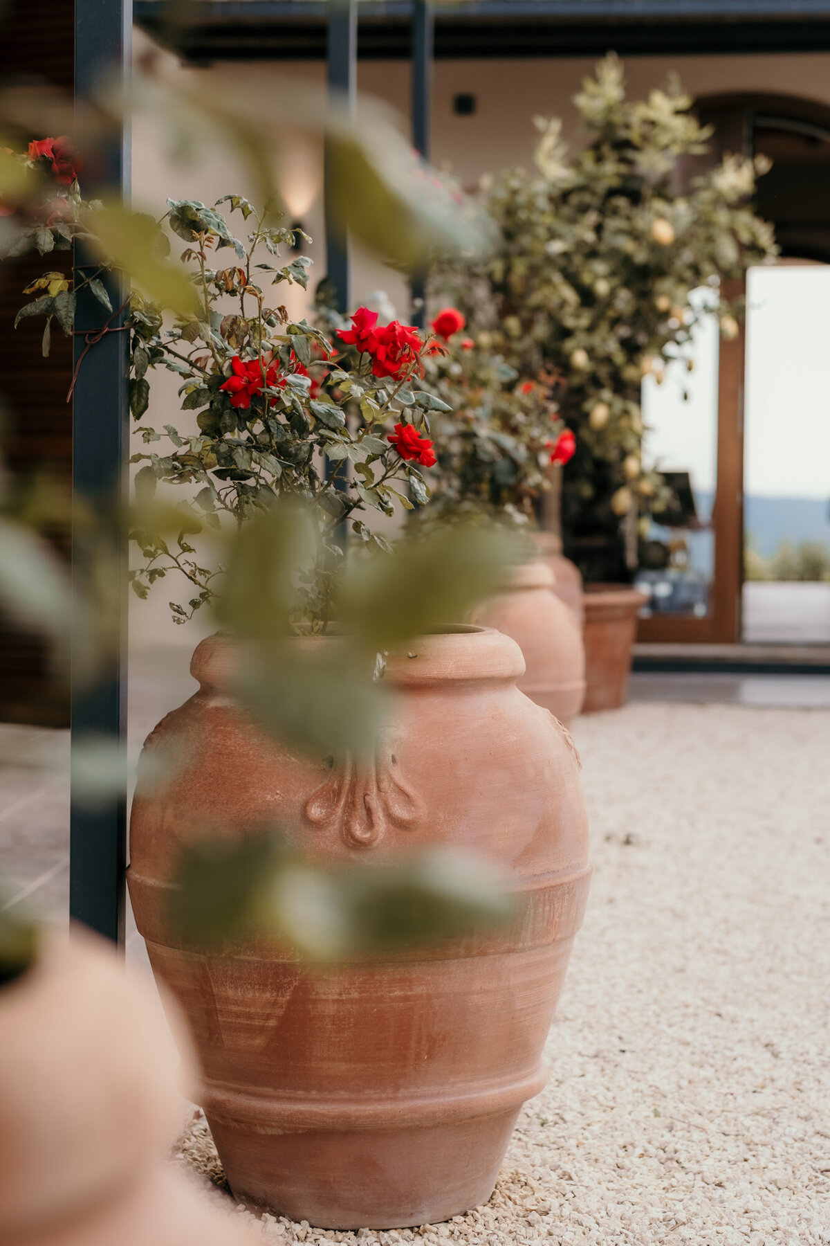 Im Hof der Location stehen große Tonkrüge mit Rosen auf hellem Kies.
