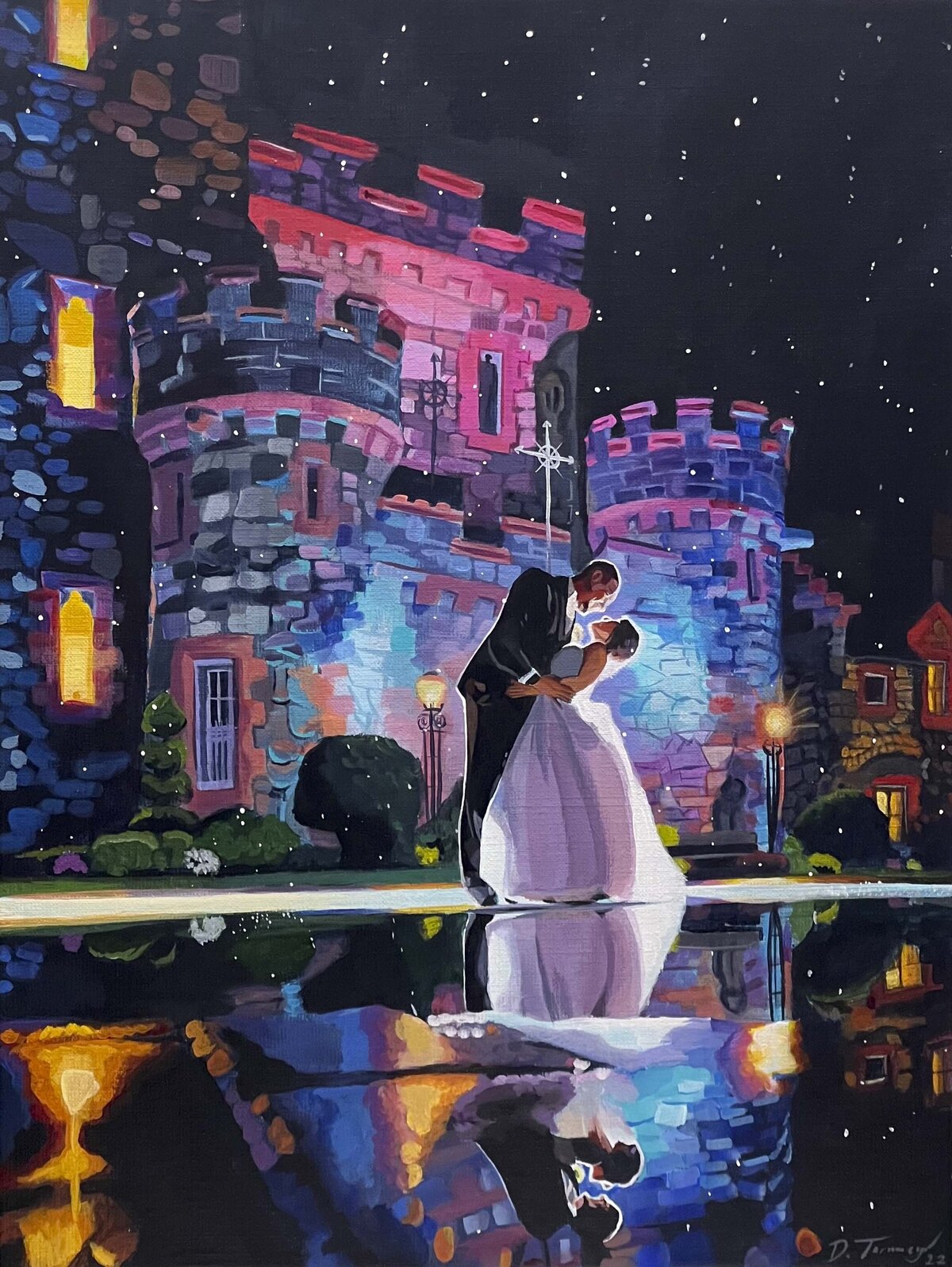 Wedding painting outside of a castle