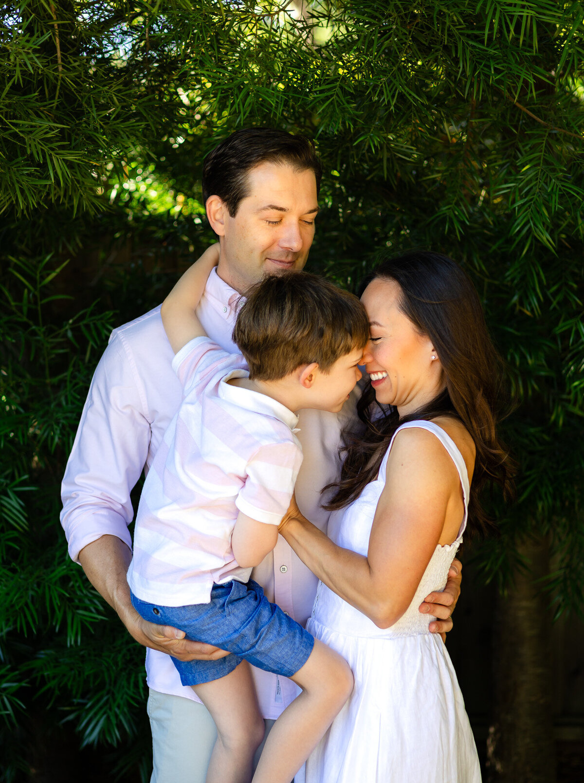 Parents cuddling son during family session under trees, Bay Area Family Portfolio – Ellobelle Photography
