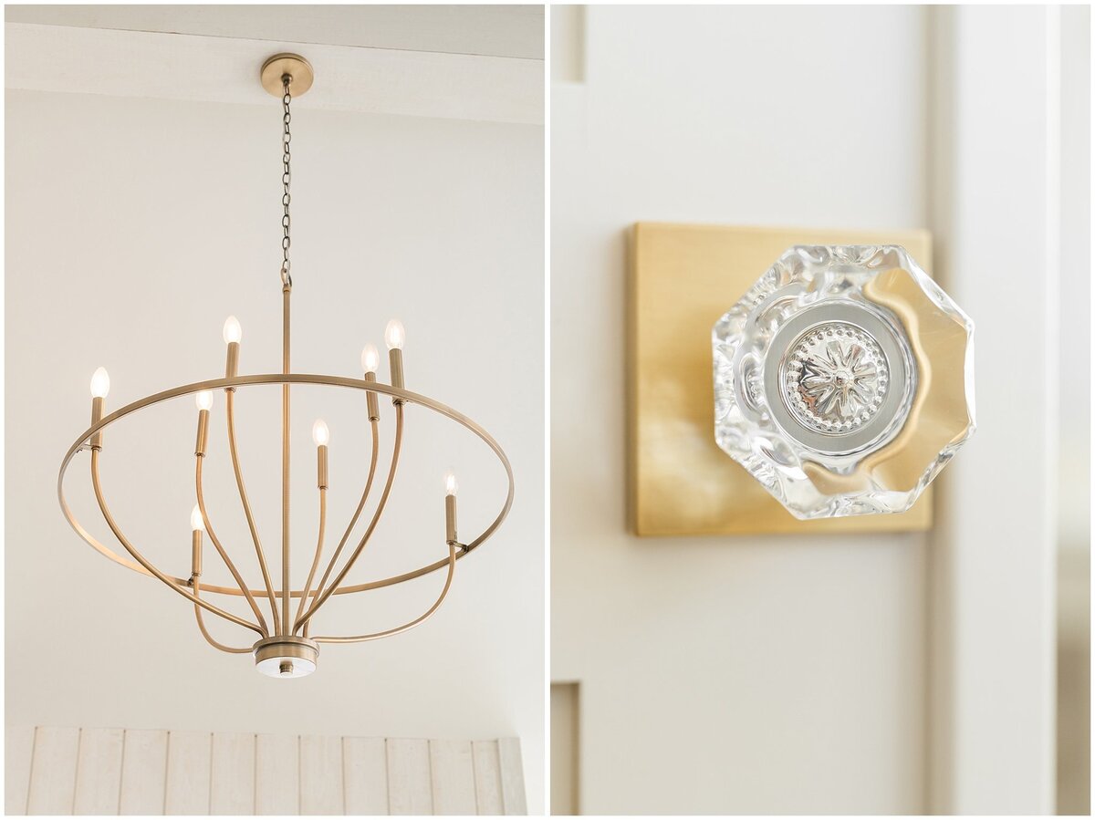 Chandelier and detail of door knob in bridal suite at River Bottoms Ranch