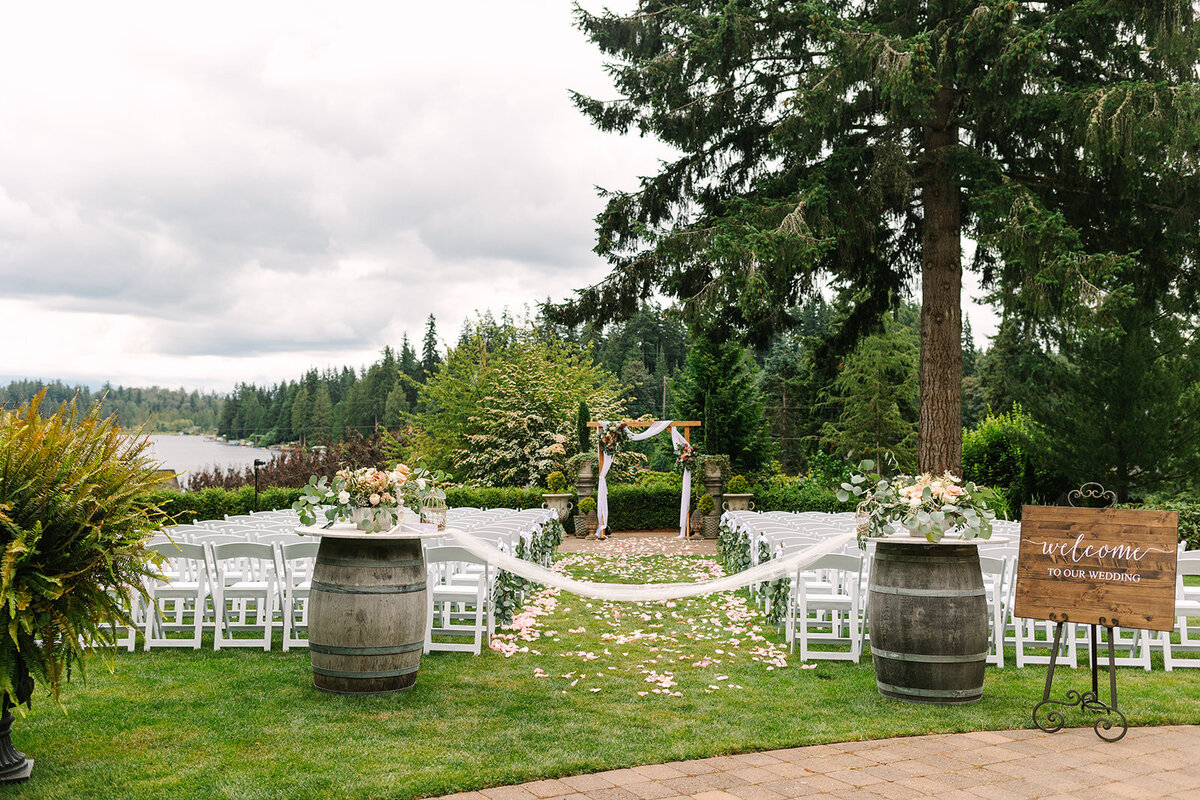 photos of wedding ceremony setup at Green Gates at Flowing Lake Snohomish Wedding Venue