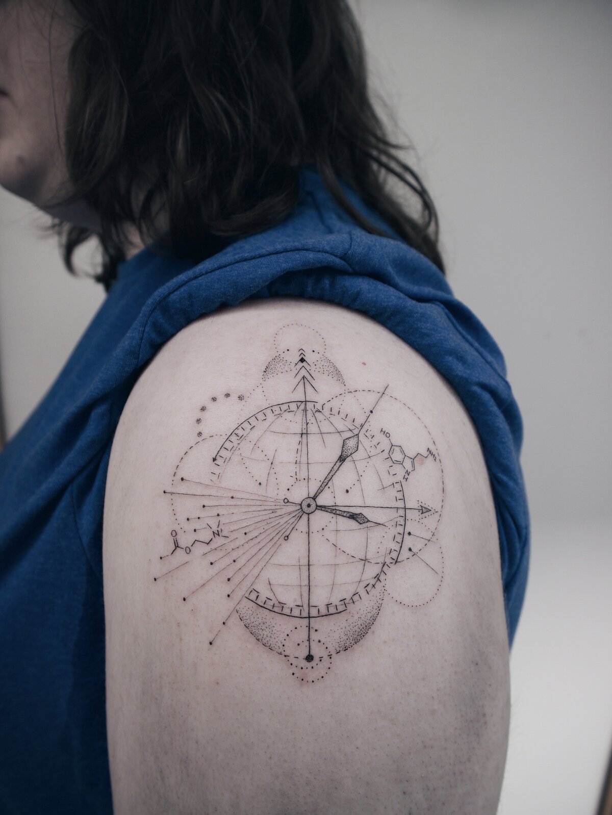 Compass tattoo, serotonin tattoo, abstract tattoo, concept tattoo, dotwork tattoo, fine line tattoo