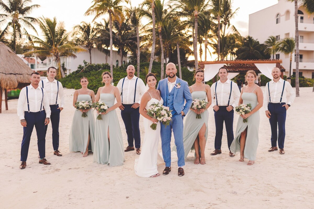 Bridal party on beach at wedding in Riviera Maya