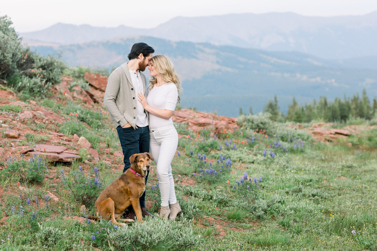 Engaged couple with their dog in Colorado Rocky Mountains
