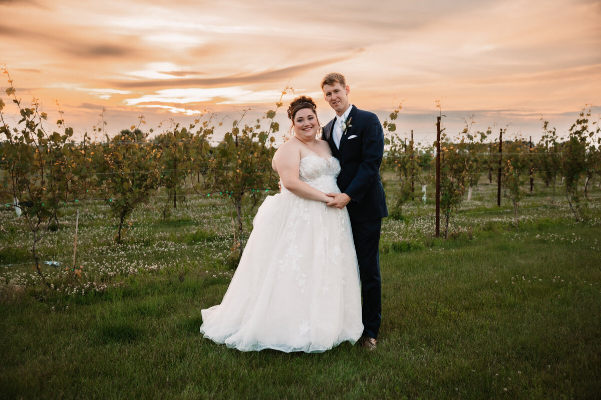 Newlyweds hold hands and snuggle in a vineyard at sunset