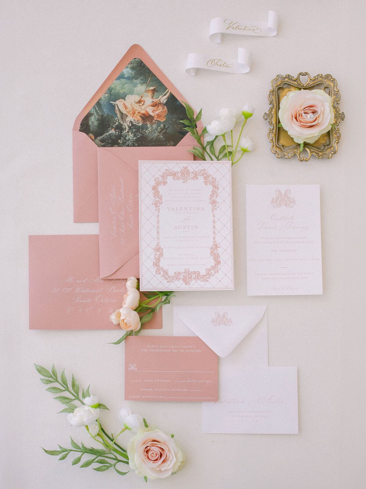 Romantic baroque inspired wedding invitations in soft pastel tones