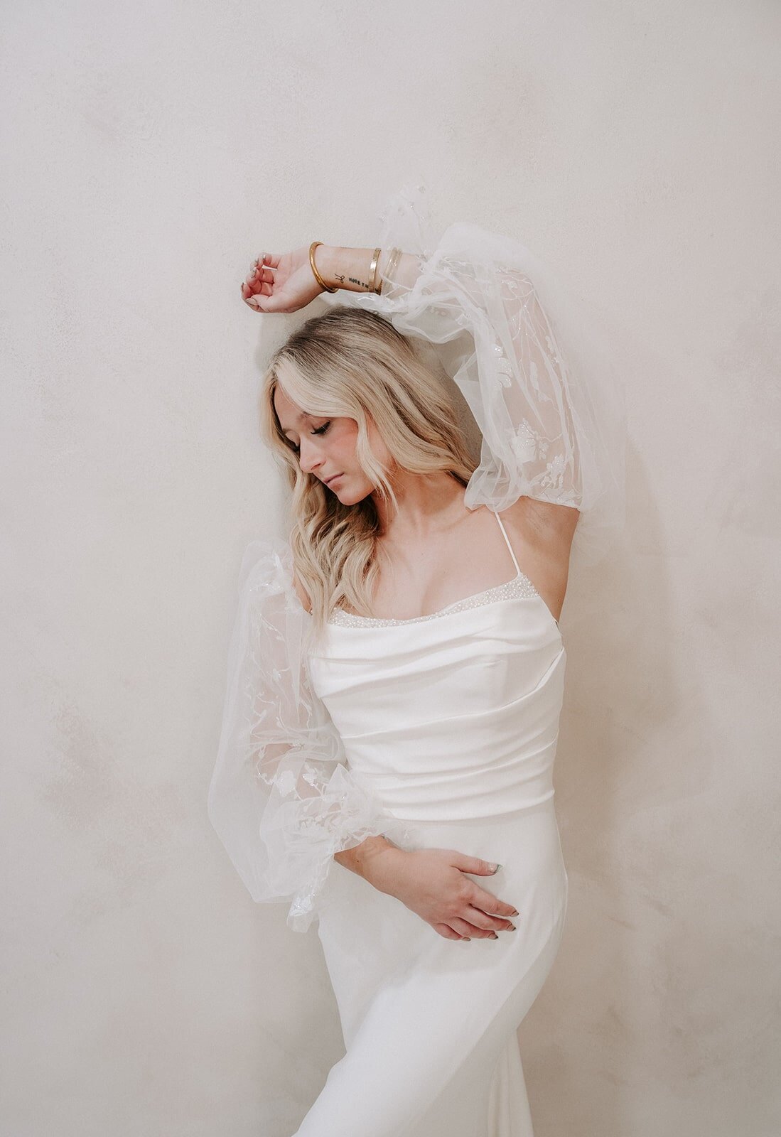 romantic-satin-wedding-dress-sheer-sleeves-vogue-veil