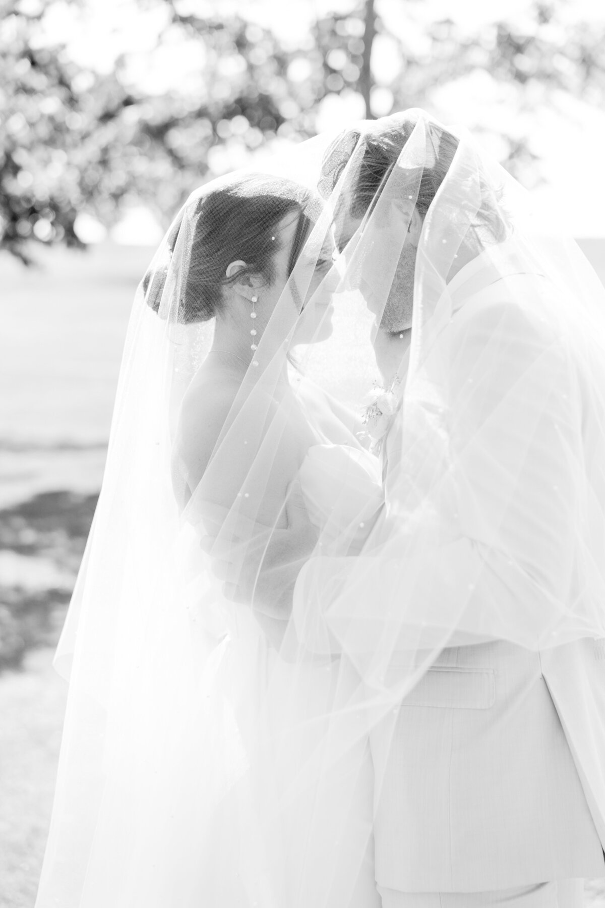 Wedding portrait of couple under the bride's veil