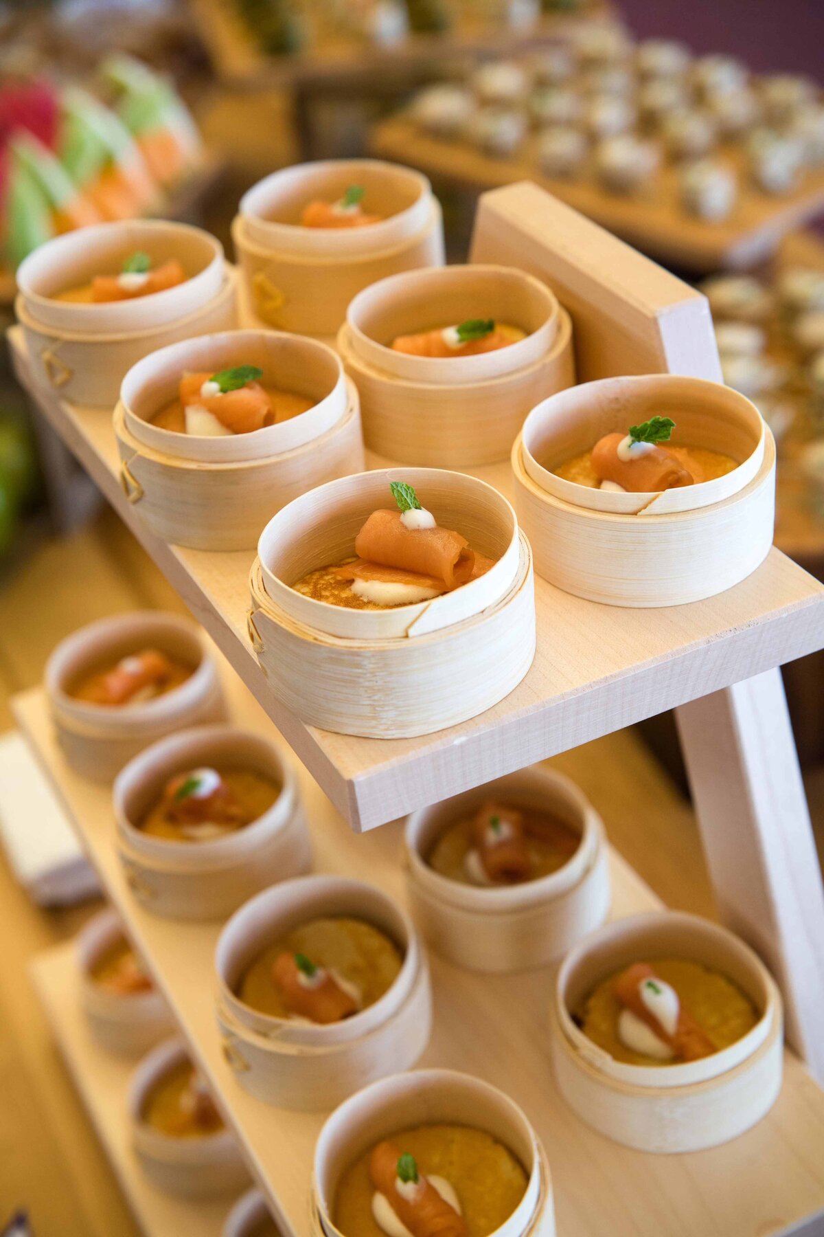 Frittatas with rolled Salmon served in individual bamboo containers. A Chef Mauricio Lopez creation