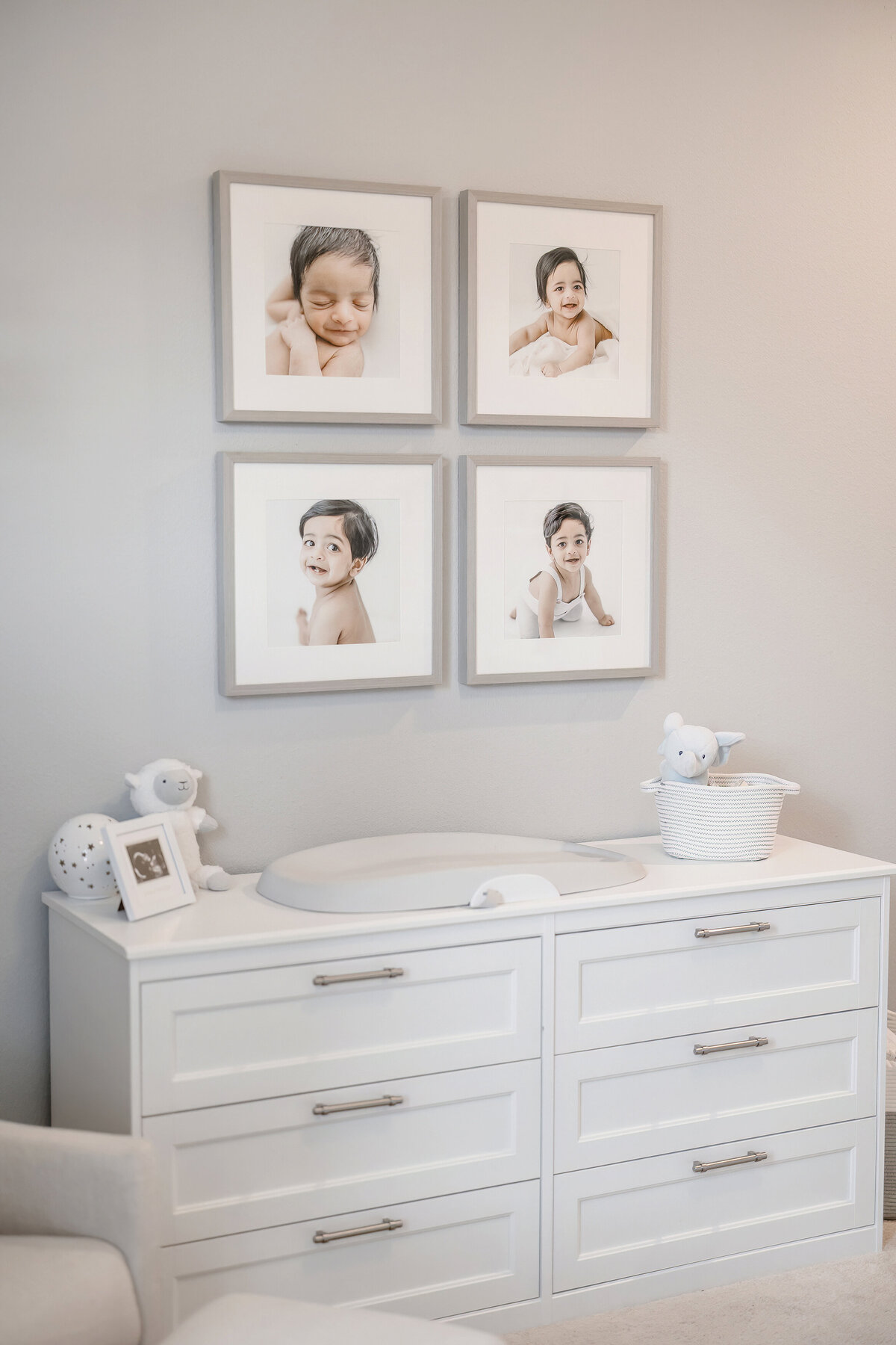 Four frames of baby above changing table