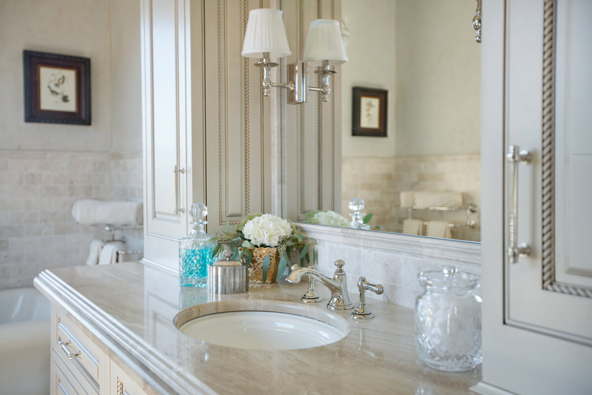 Panageries Residential Interior Design | Italian Country Villa Vanity with hand soap, mouthwash, and flowers
