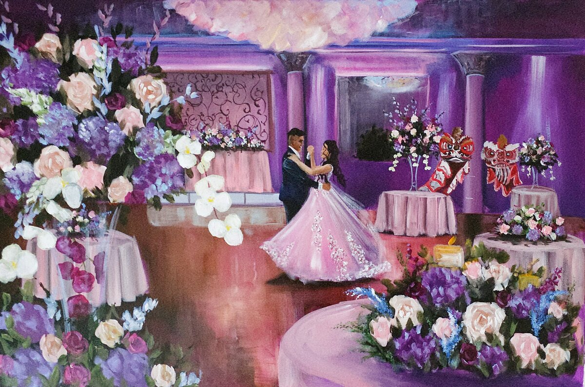 A beautiful live wedding painting by Brittany Branson of a bride and groom sharing their first dance in the ballroom of Crest Hollow Country Club in Woodbury, NY, capturing their special moment.
