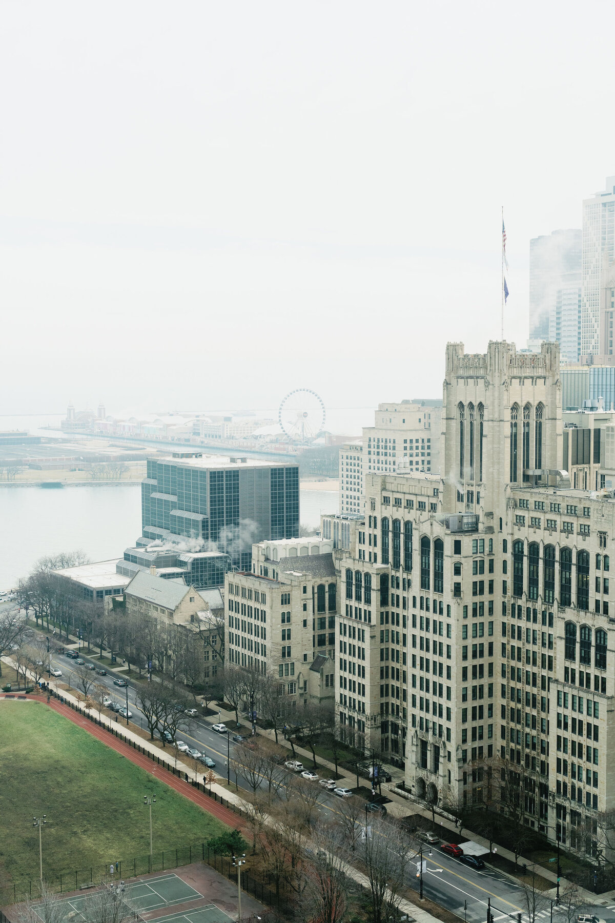 View of Chicago city streets on a foggy day. 