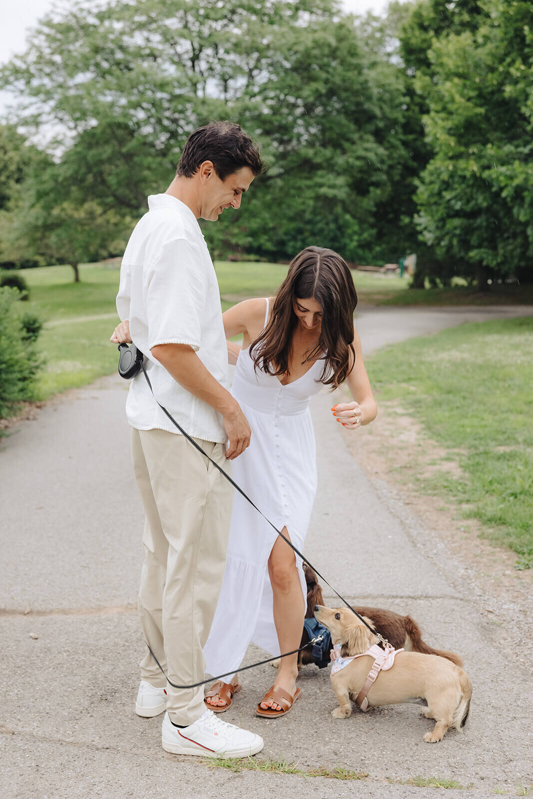 Couple in a park with two dogs at Finger Lakes engagement session