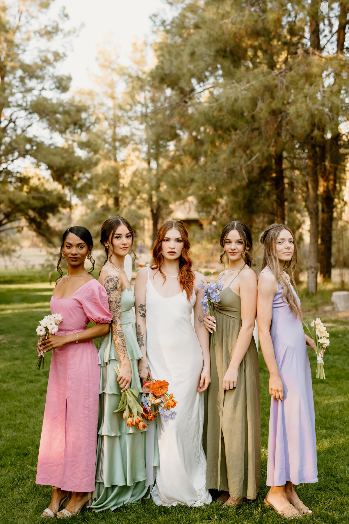 Bridesmaids and bride posing at Schnepf Farms