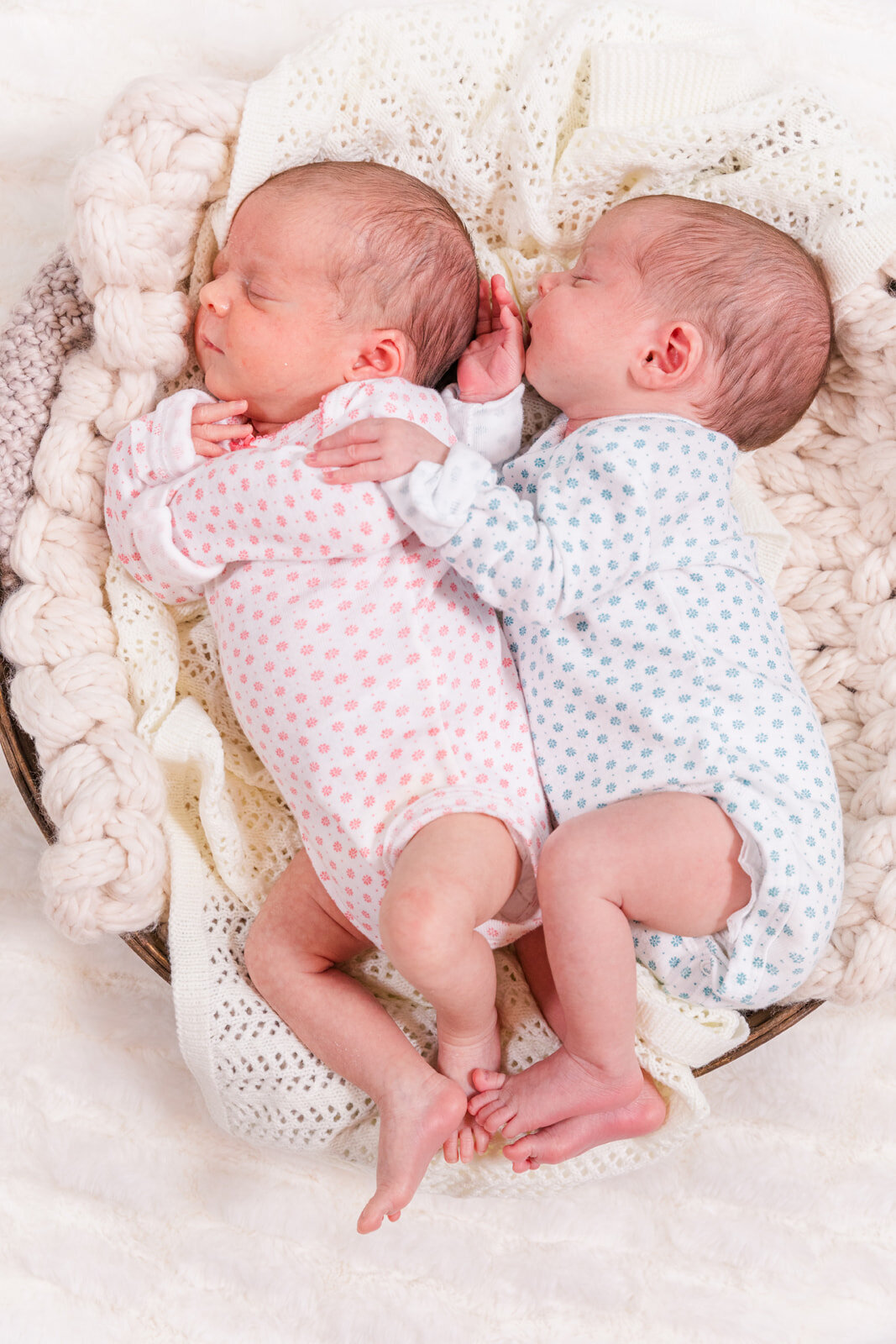 newborn twins sleeping in a basket