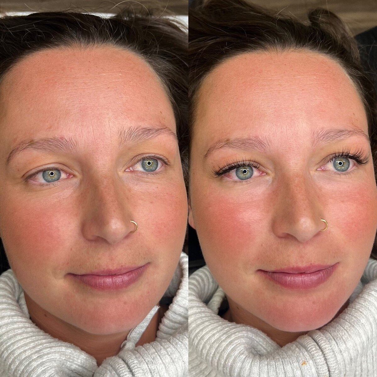 woman before and after getting lash extensions