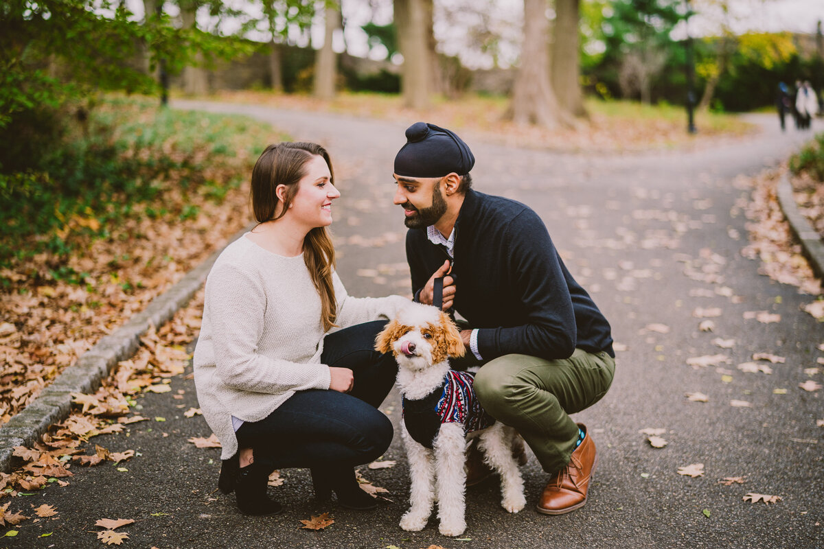 An engaged couple crouching sharing a moment with their puppy poodle dog at fort tryon in the fall