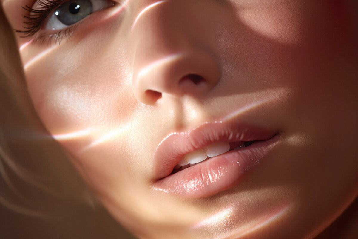 Close up shot of a woman with glowing skin showing her mouth and left side of face.