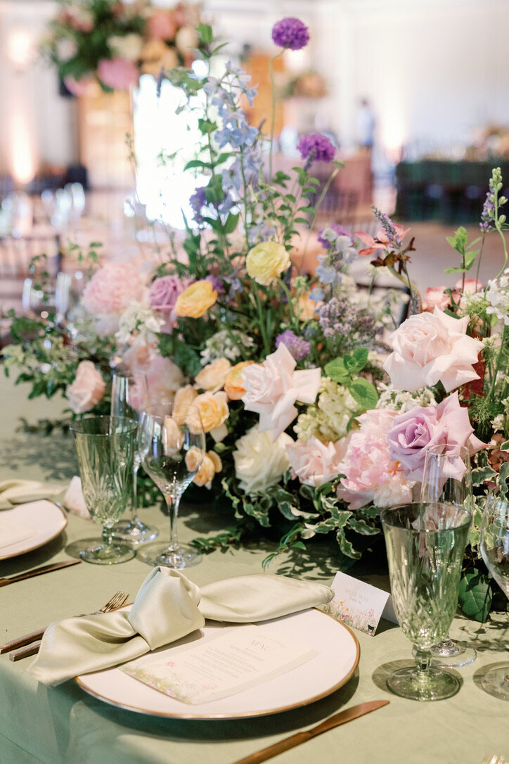 green glassware, velvet linen, table meadow