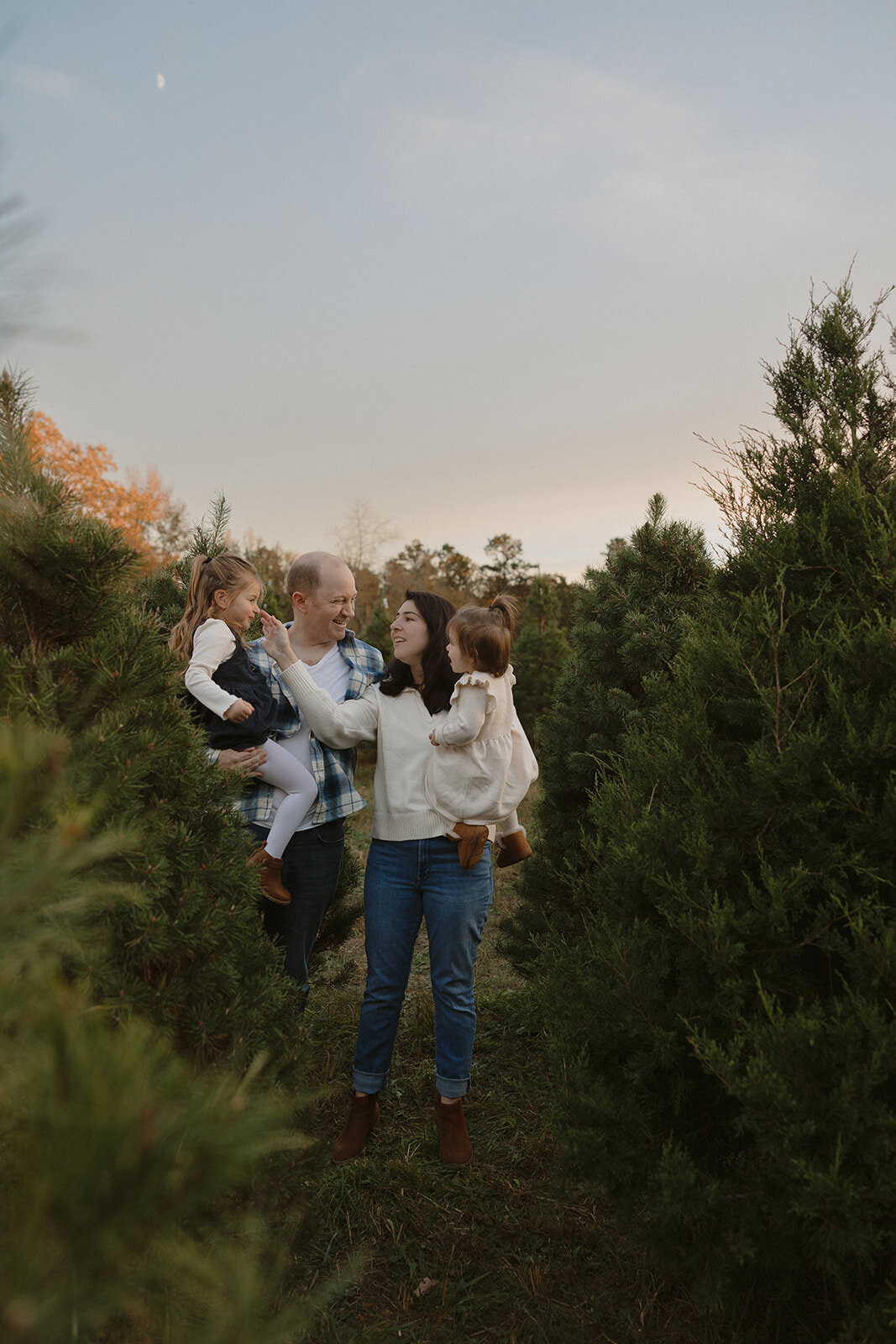 Family playing at O'Neals Tree Farm during Three Bridge Photography's holiday mini session