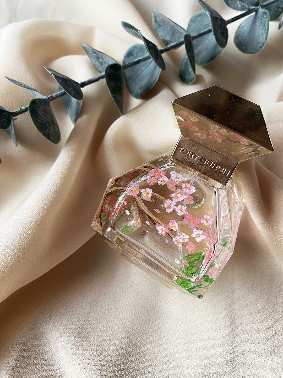 Tory Burch Perfume Bottle Painted with Cherry Blossom by Los Angeles Artist