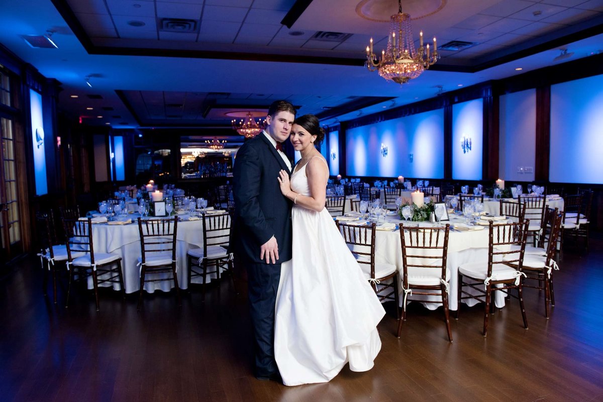 Room shot with blue uplighting at The Mansion at Oyster Bay