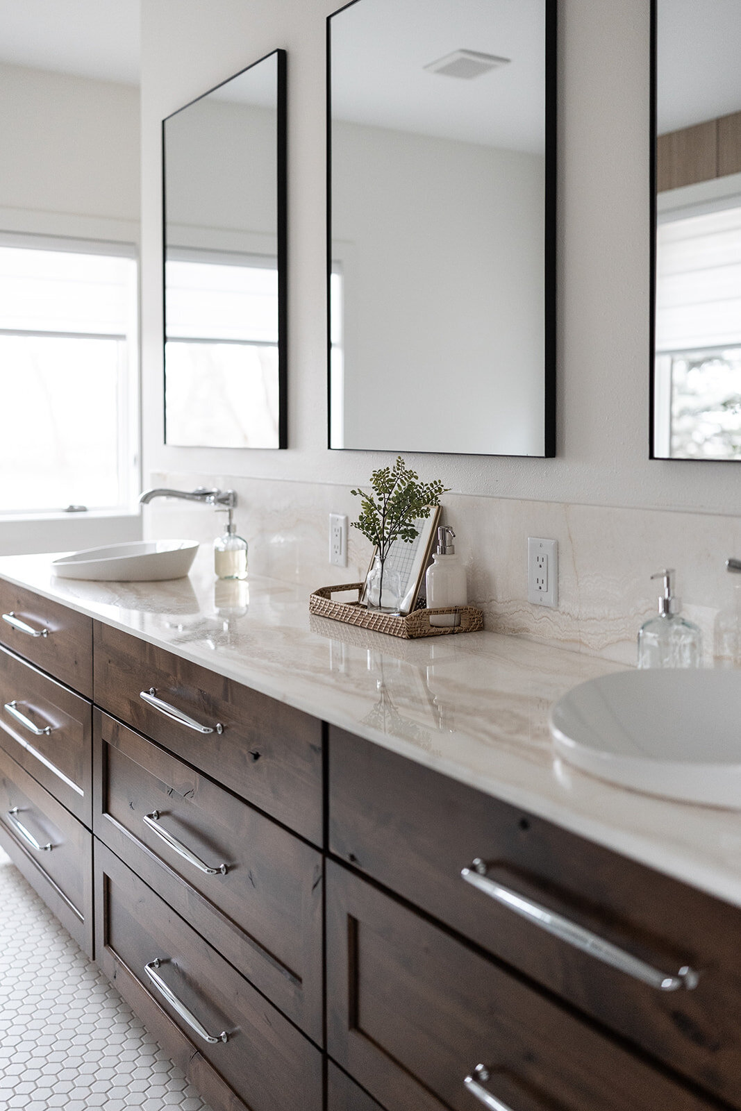 michele rosenboom design clean country renovation bathroom vanity with black framed square mirrors