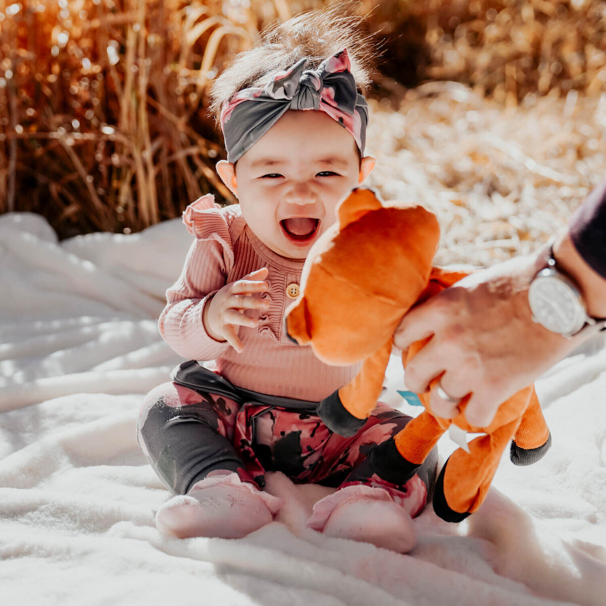 denver family photography - little girl in pink on blanket