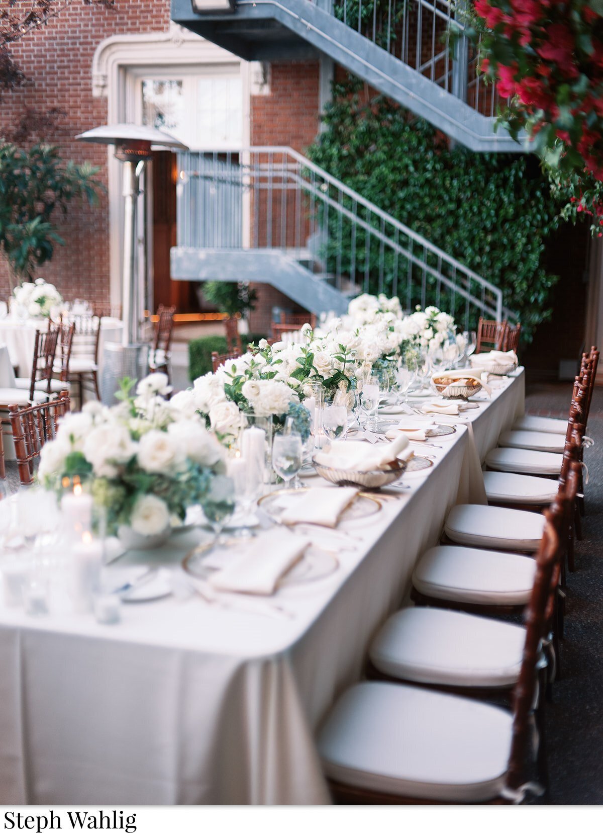 kings tables, bay area, white flowers, oblong arrangements, outdoor 