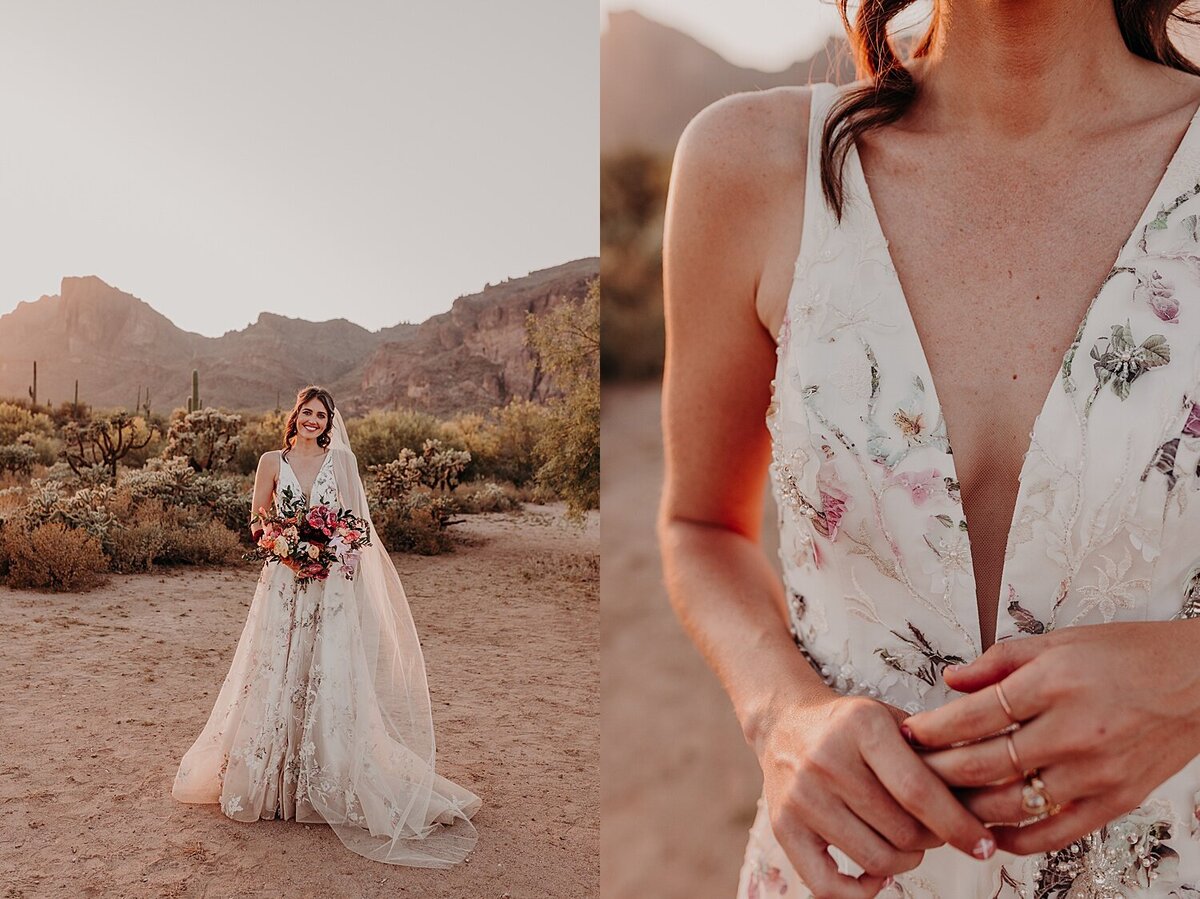 Bride holds bouquet wearing a custom designed dress with embriodered flowers