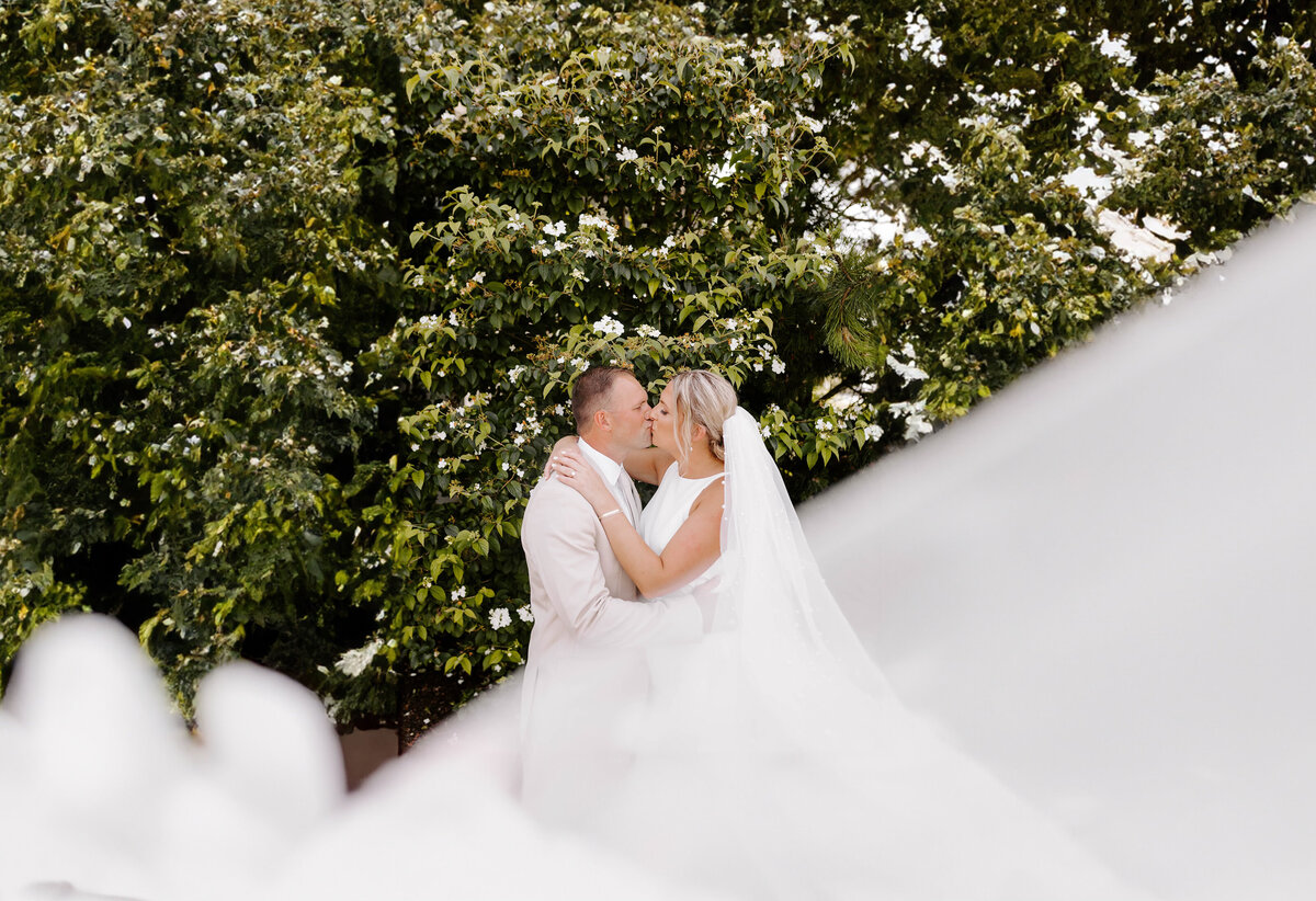 wedding couple kissing with white fabric across part of the image