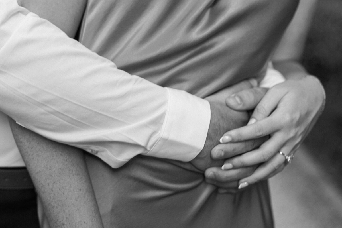 Black and white close-up of man embracing woman, Columbus session by Philadelphia photographer.